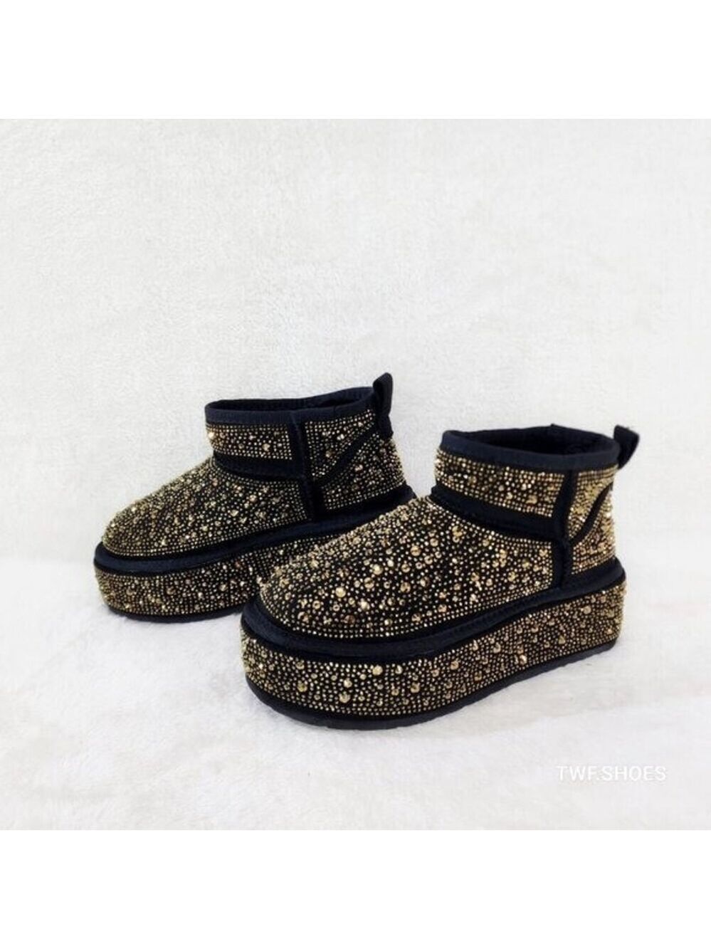 NIB NEW Ego Flashy fx Fur Winter Platform Ankle Boots Black w/ Gold Rhinestones